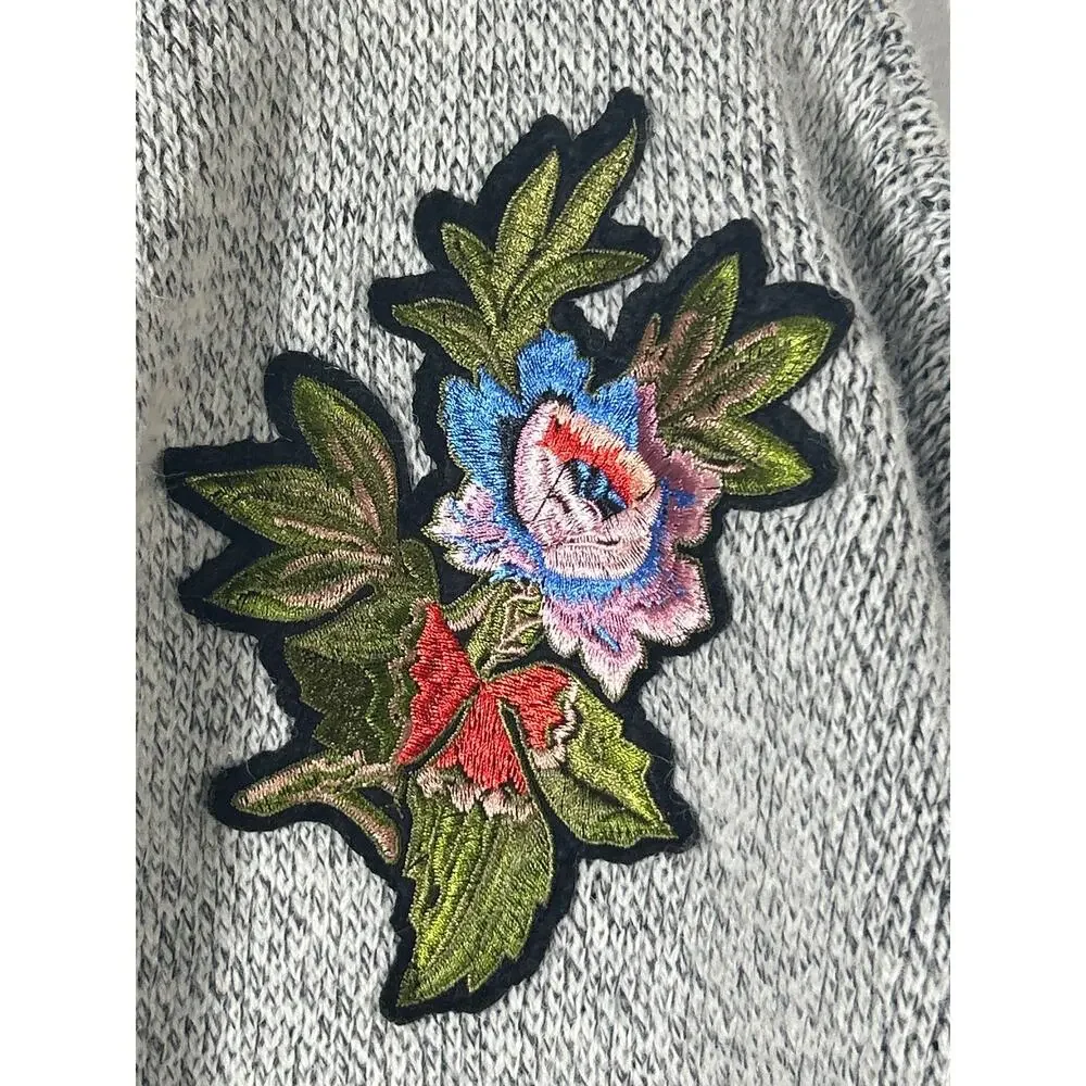 Hail3y:23 Cardigan Sweater Medium PETITE Gray Hooded Applique Embroidered Pocket - Picture 9 of 15
